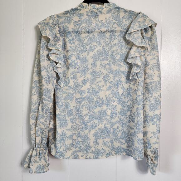 Express Cottagecore Boho Ruffle Poet Blouse Xs Blue Cream - Picture 7 of 11